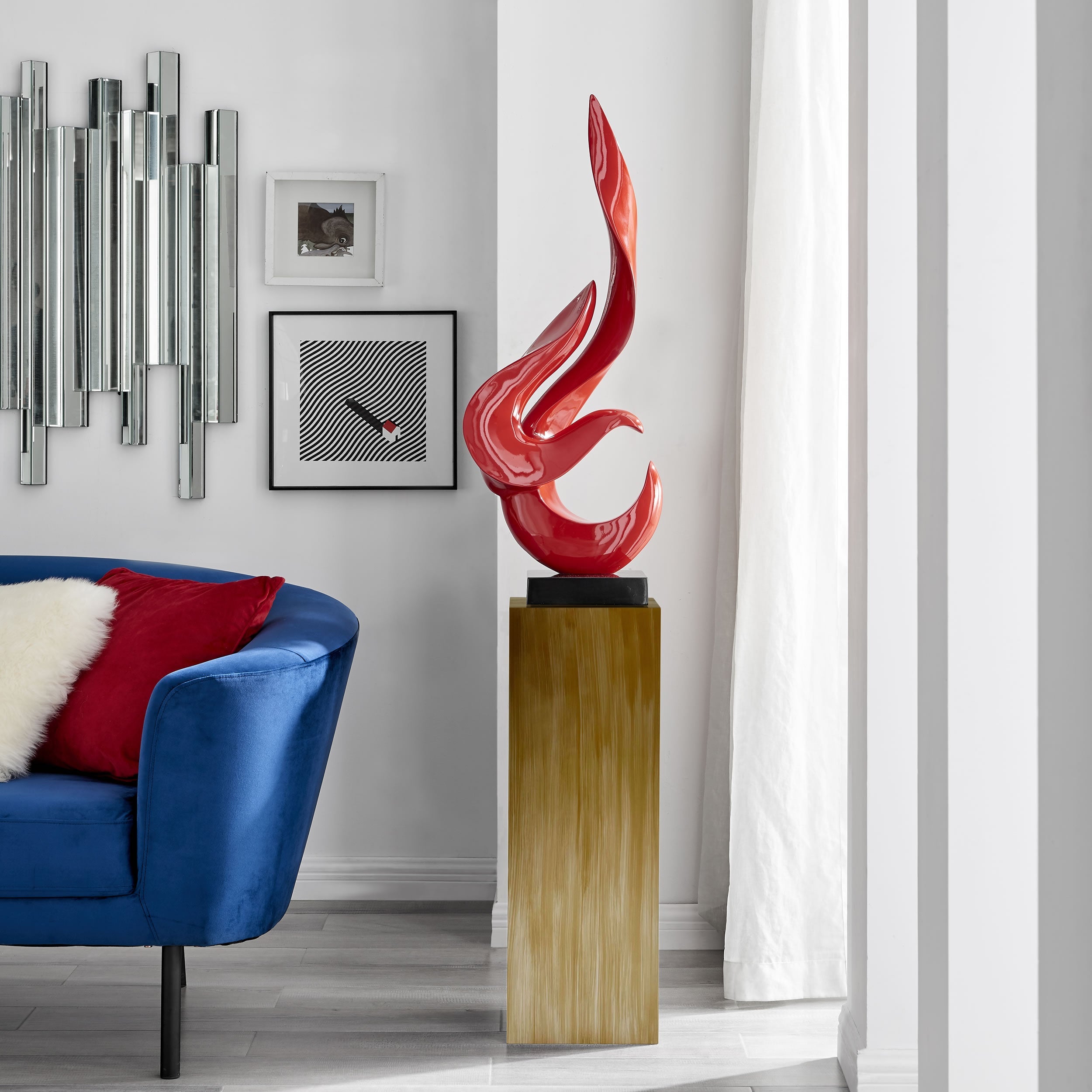 Red Flame Floor Sculpture With Bronze Stand, 65" Tall