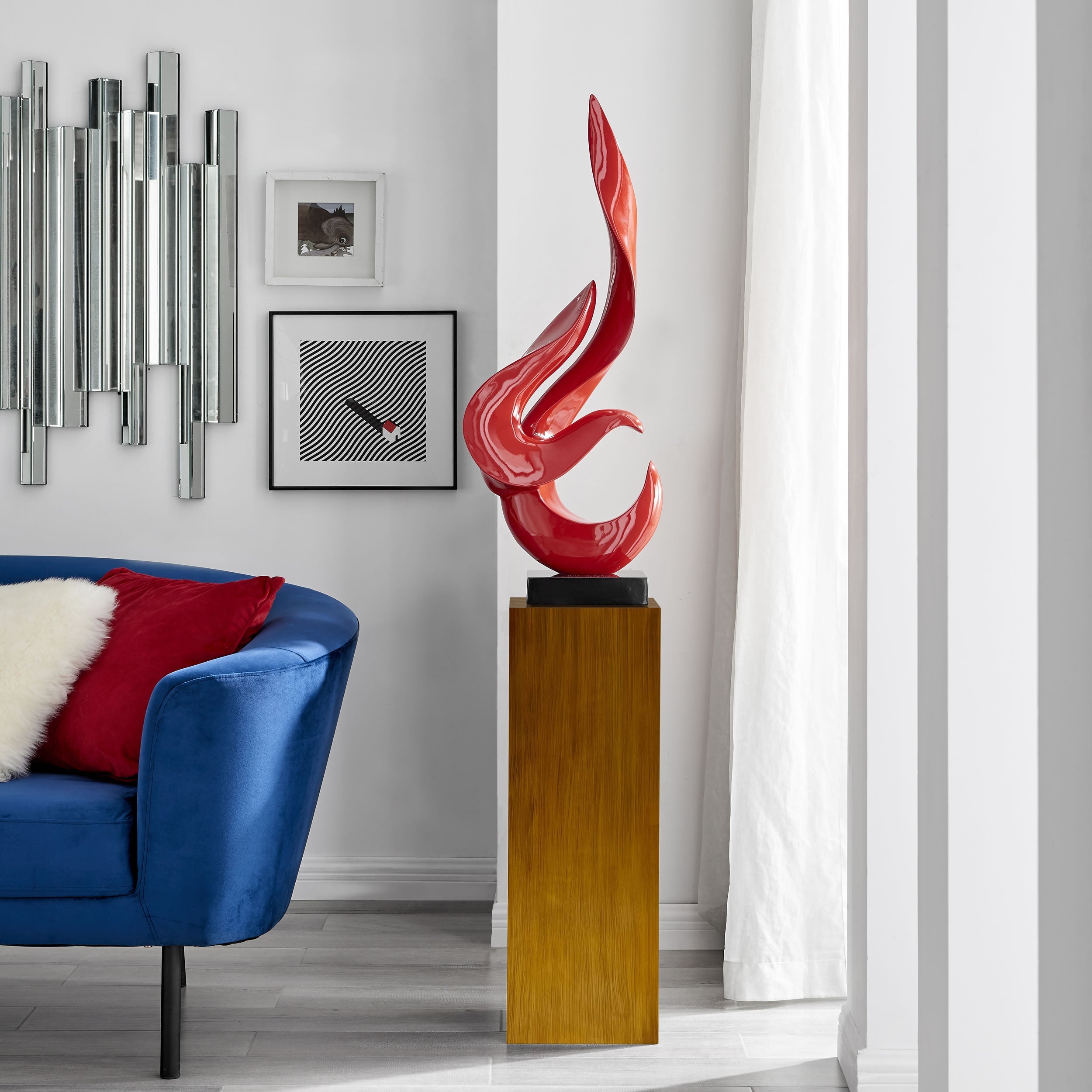 Red Flame Floor Sculpture With Wood Stand, 65" Tall