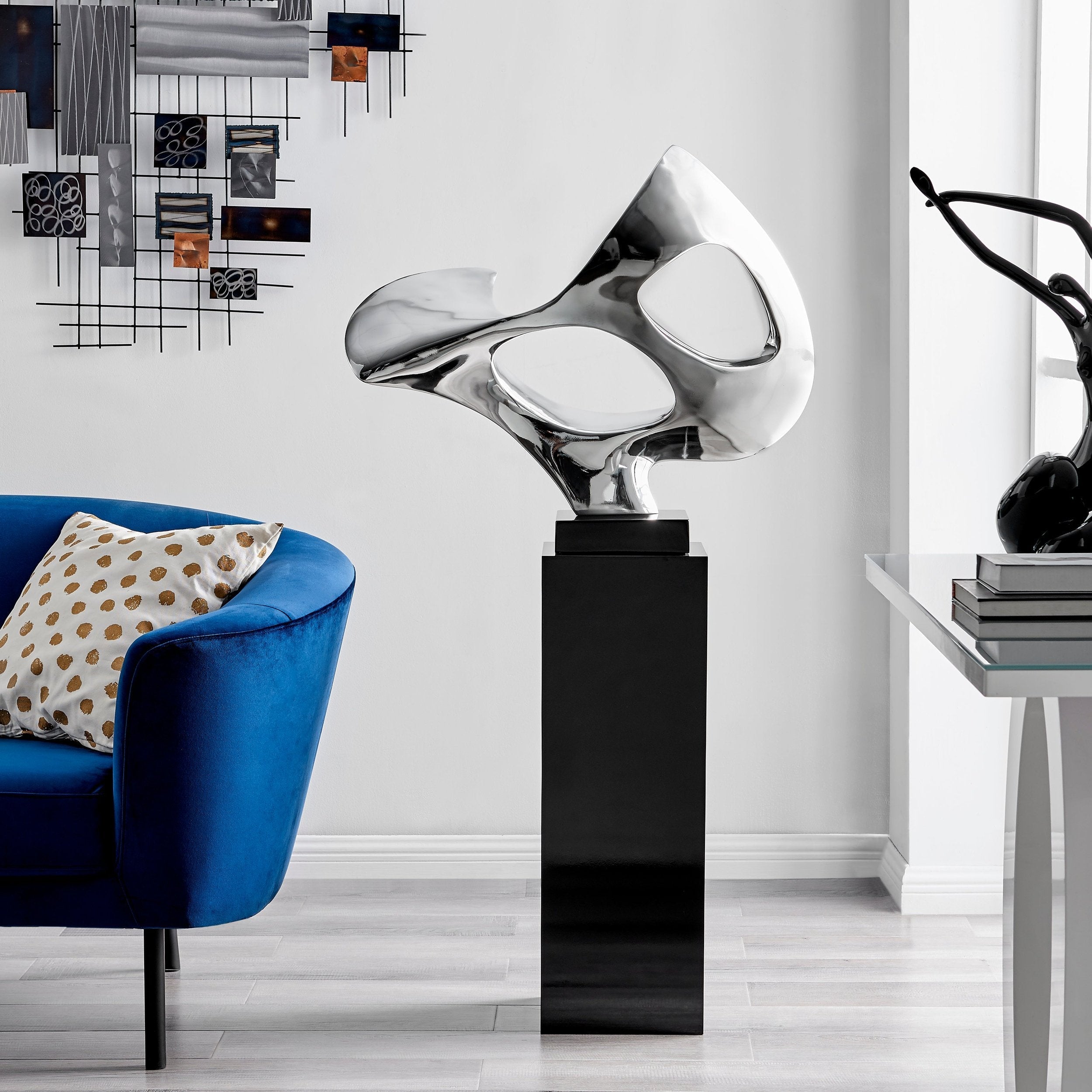 Chrome Abstract Mask Floor Sculpture With Black Stand, 54" Tall