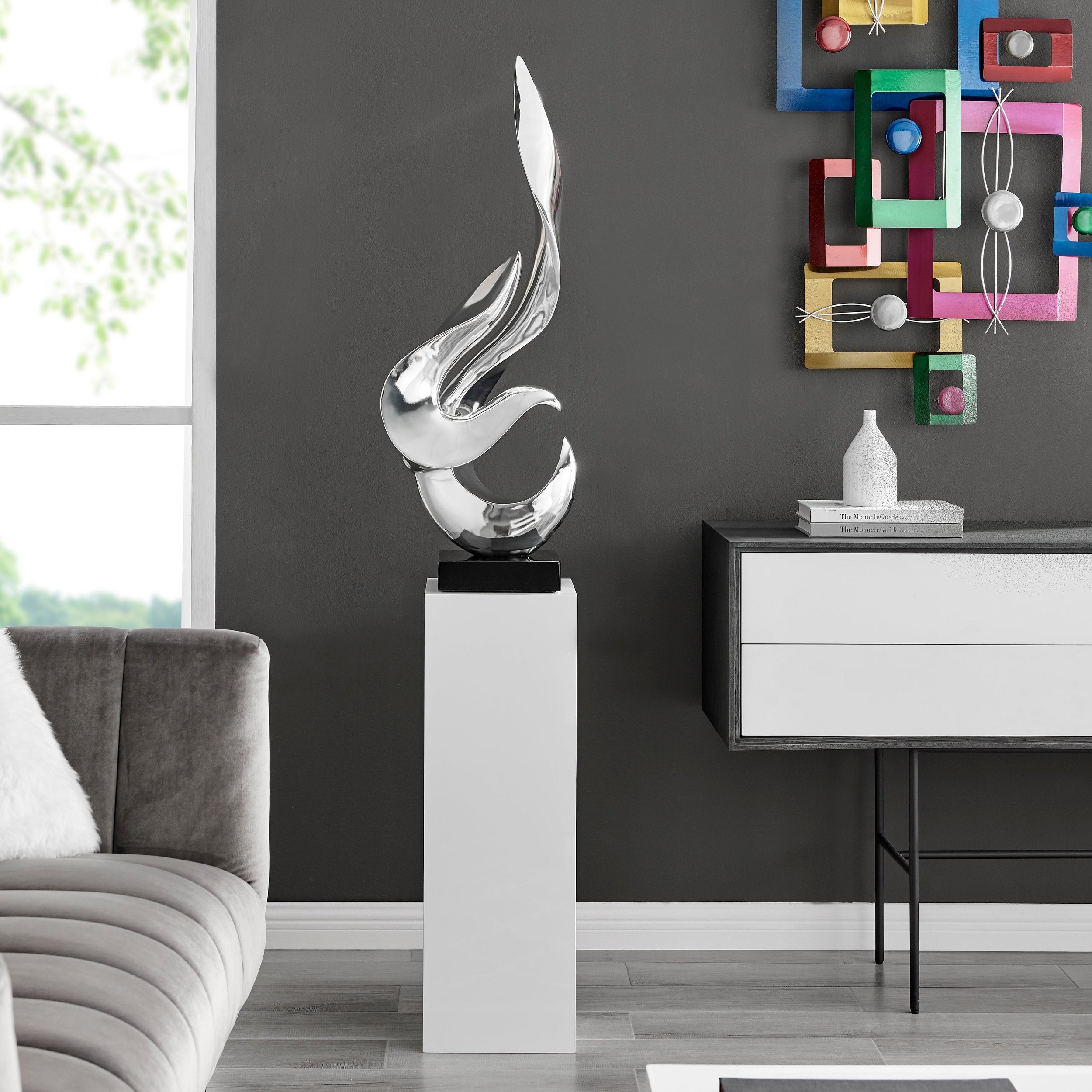 Chrome Flame Floor Sculpture With White Stand, 65" Tall