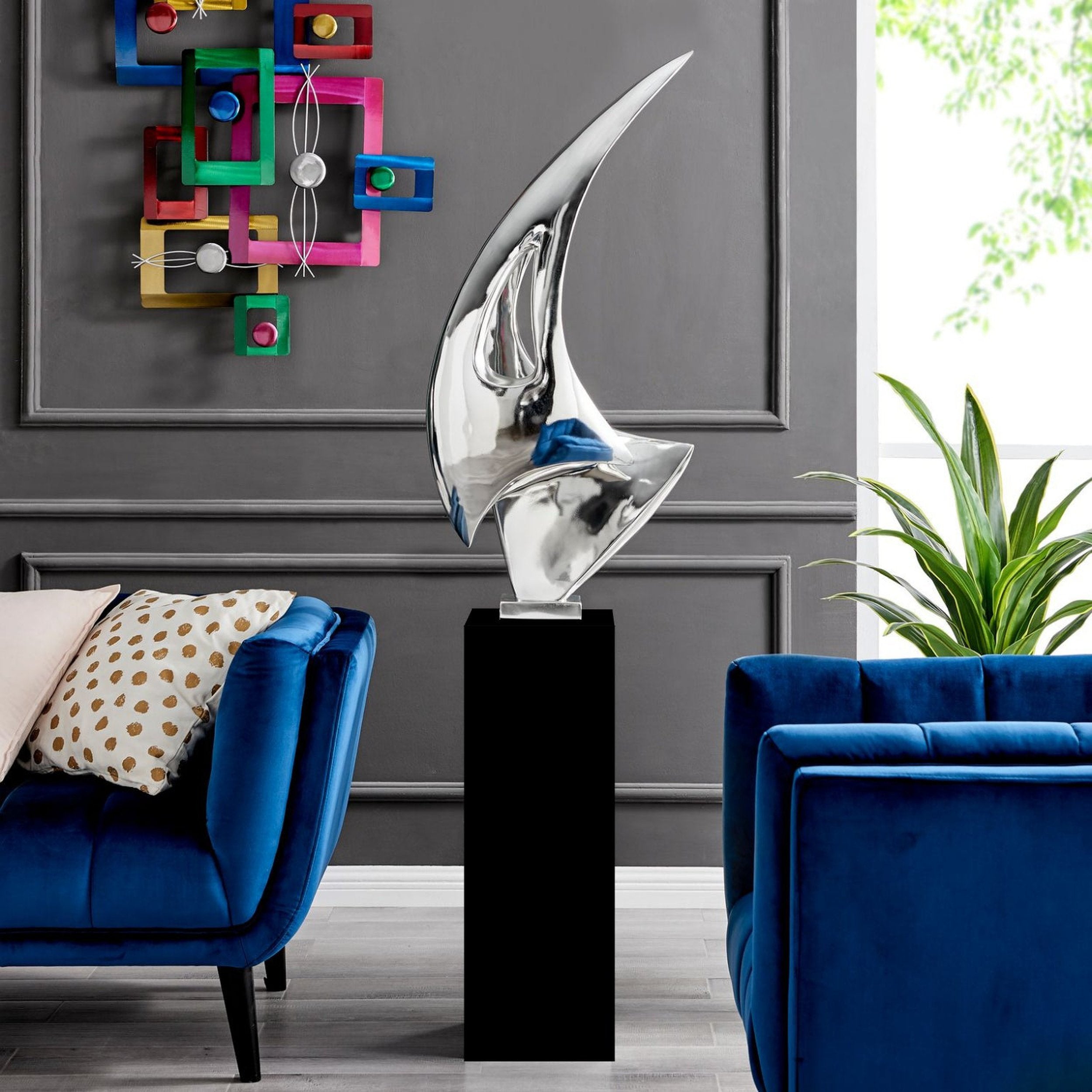 Chrome Sail Floor Sculpture With Black Stand, 70" Tall