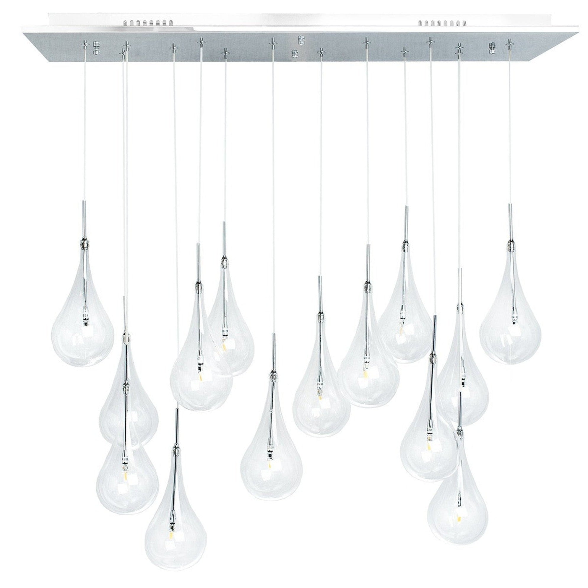 Modern Glass Drops Chandelier // 14 Lights // Rectangular Chrome Canopy