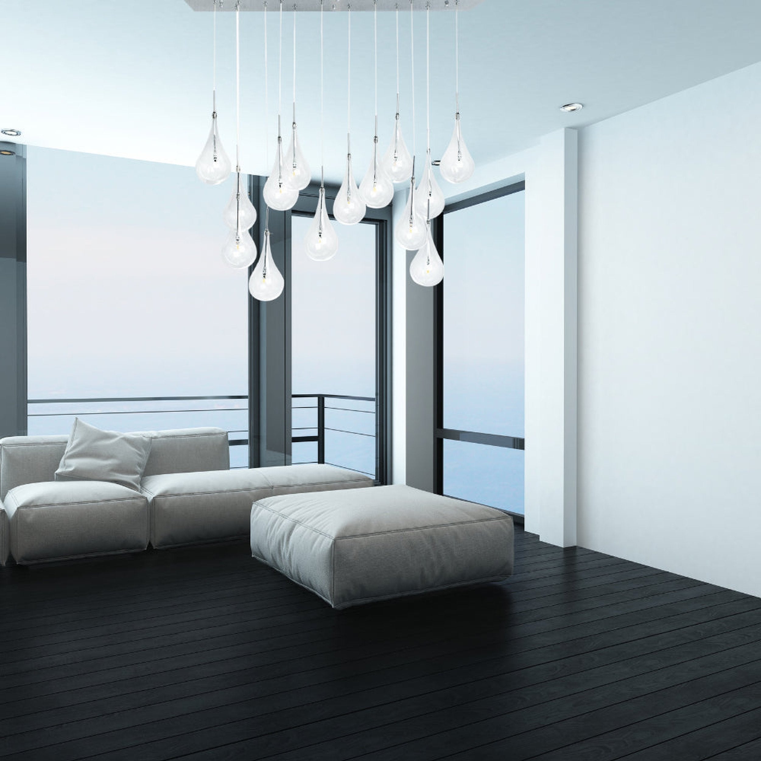Modern Glass Drops Chandelier // 14 Lights // Rectangular Chrome Canopy