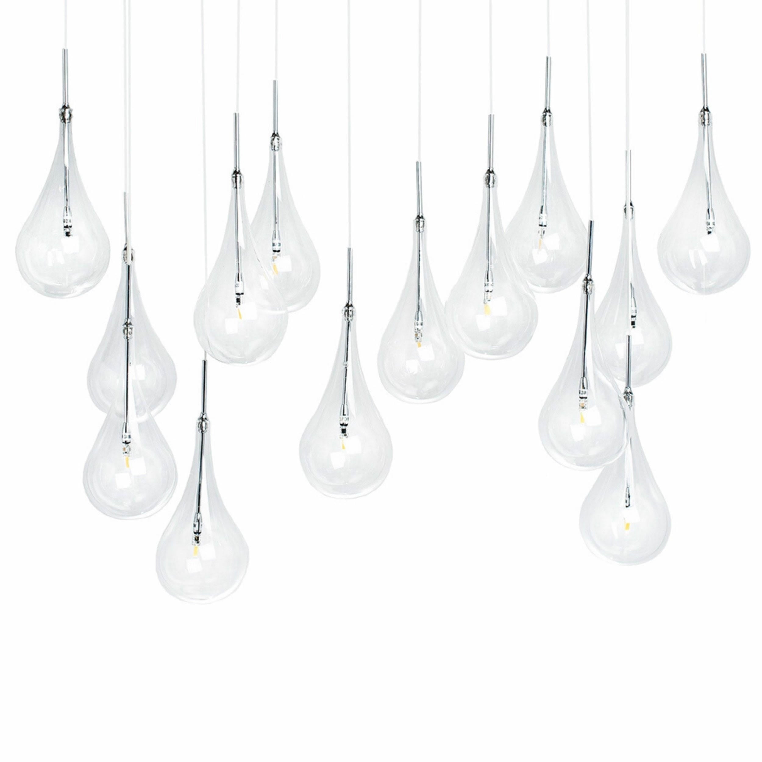Modern Glass Drops Chandelier // 14 Lights // Rectangular Chrome Canopy