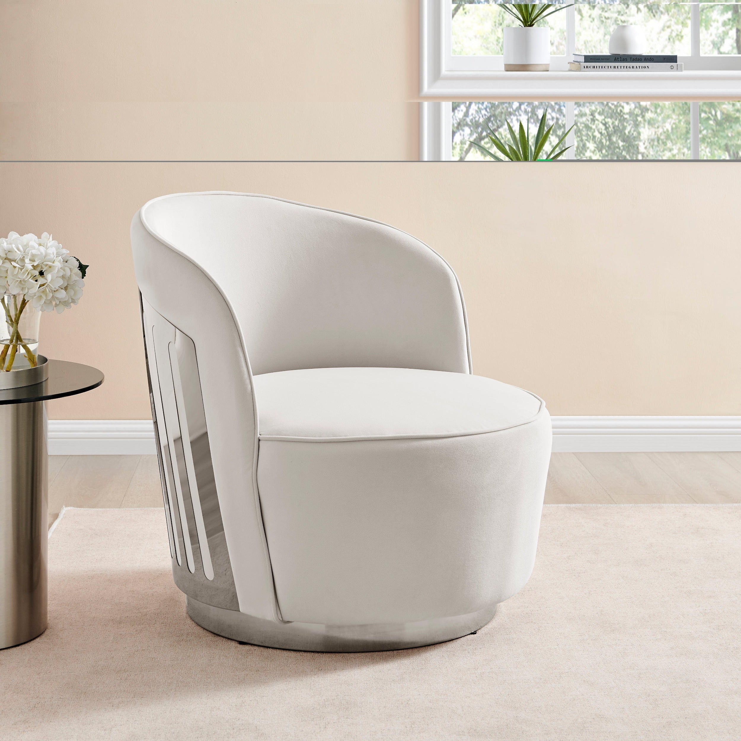 Luxe Elegance Swivel Accent Chair with Chrome Back Detail