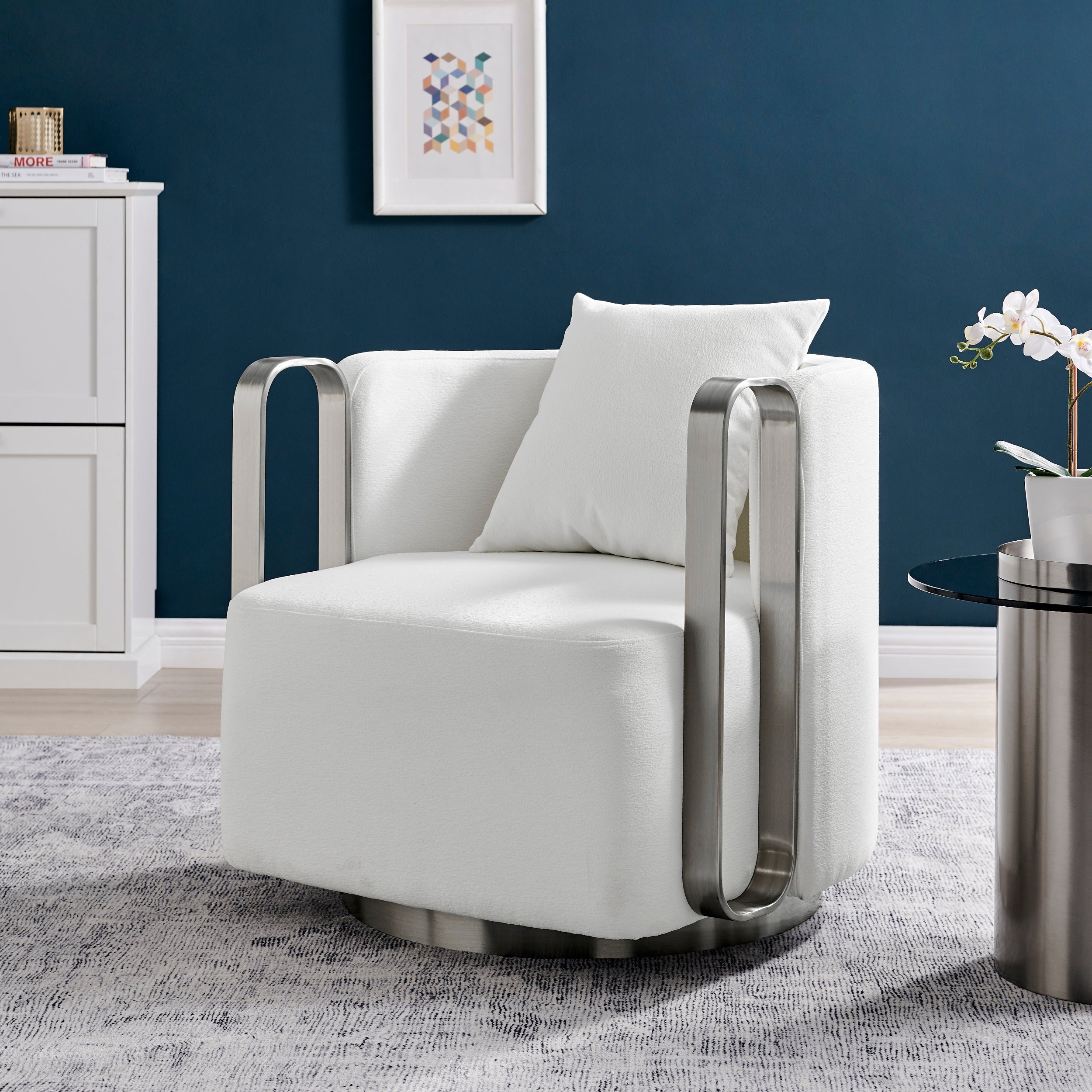 The Marvel Contemporary Swivel Accent Chair // White and Brushed Nickel