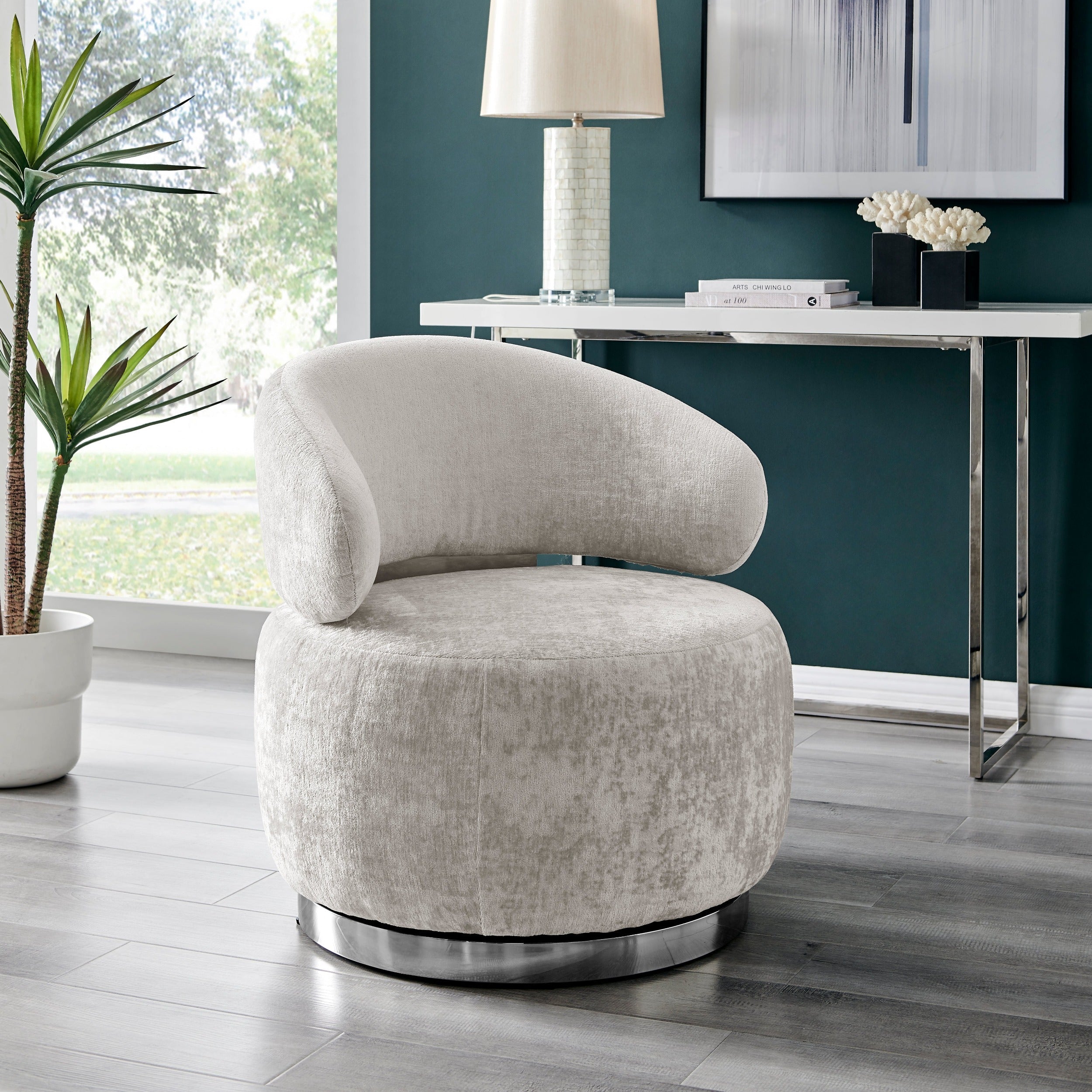 Elegant Swirl Swivel Accent Chair // Gray and Chrome