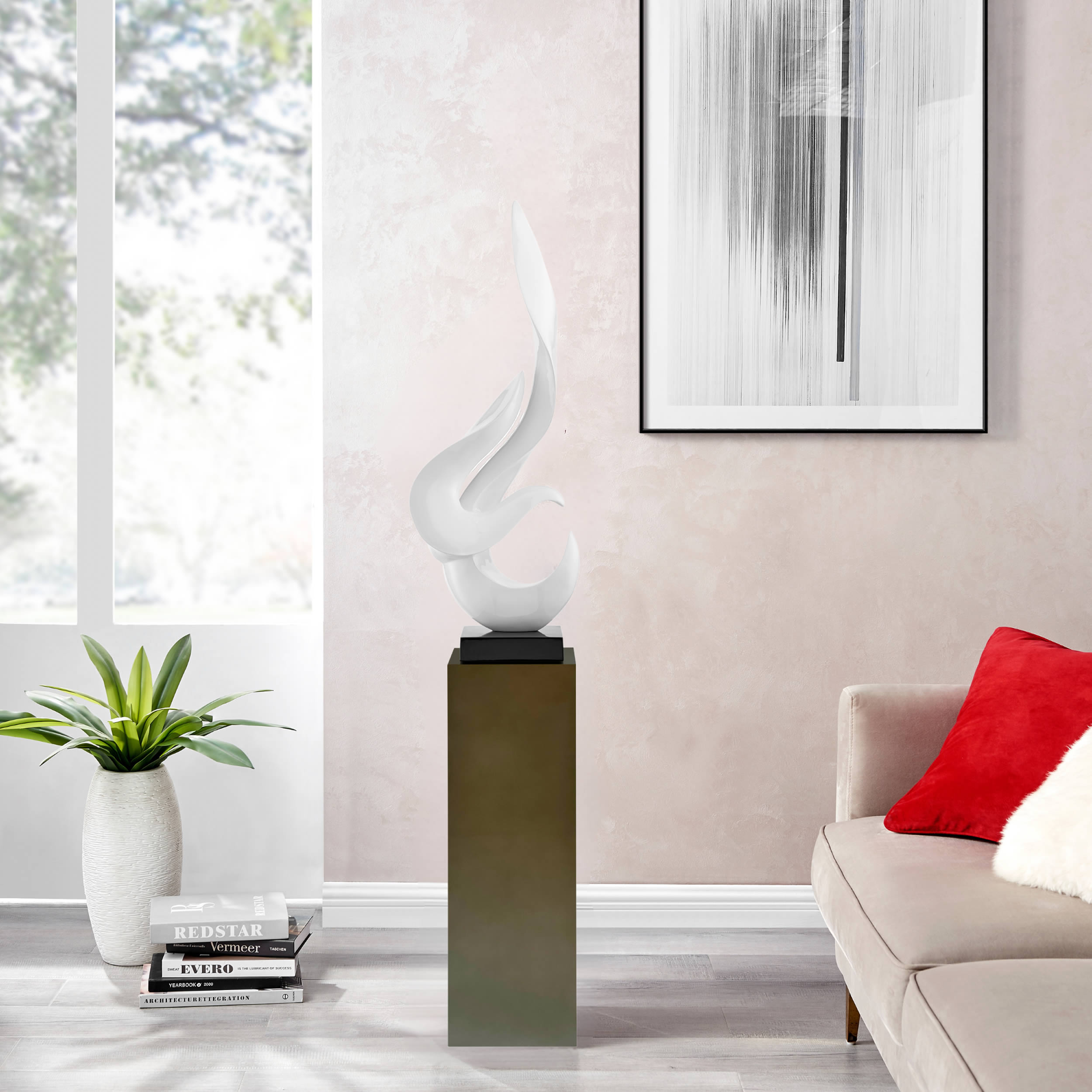 White Flame Floor Sculpture With Gray Stand, 65" Tall